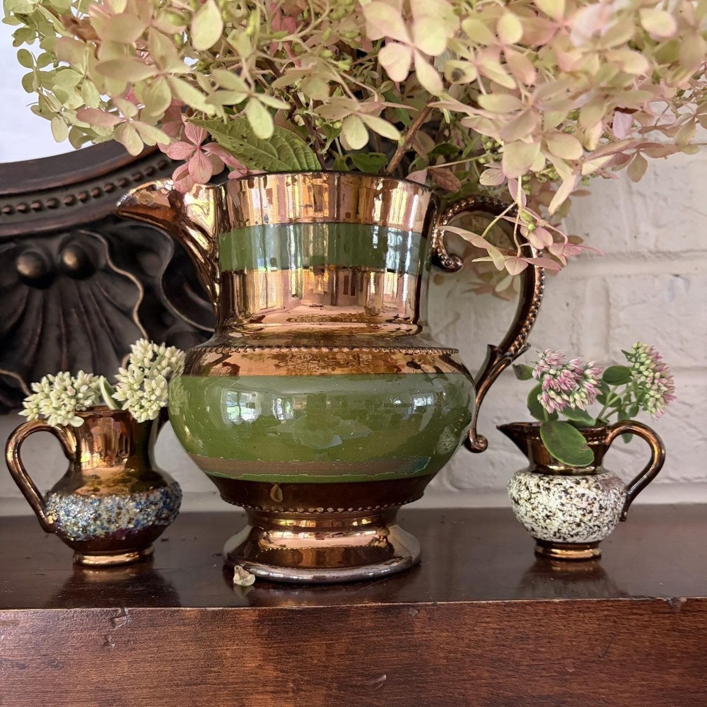 Antique Copper Luster Pitcher Jugs lot of 3 Green large & two small pitchers